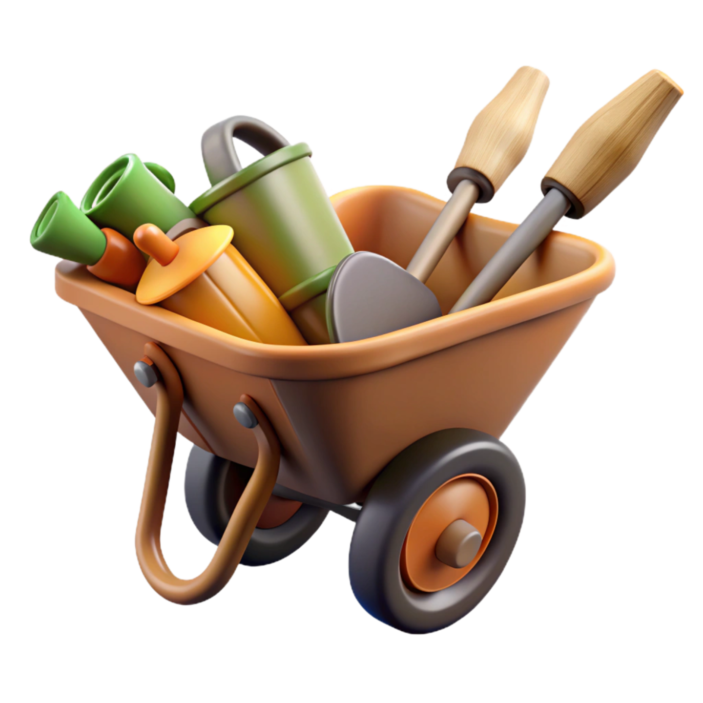 a toy wheel with gardening tools in it