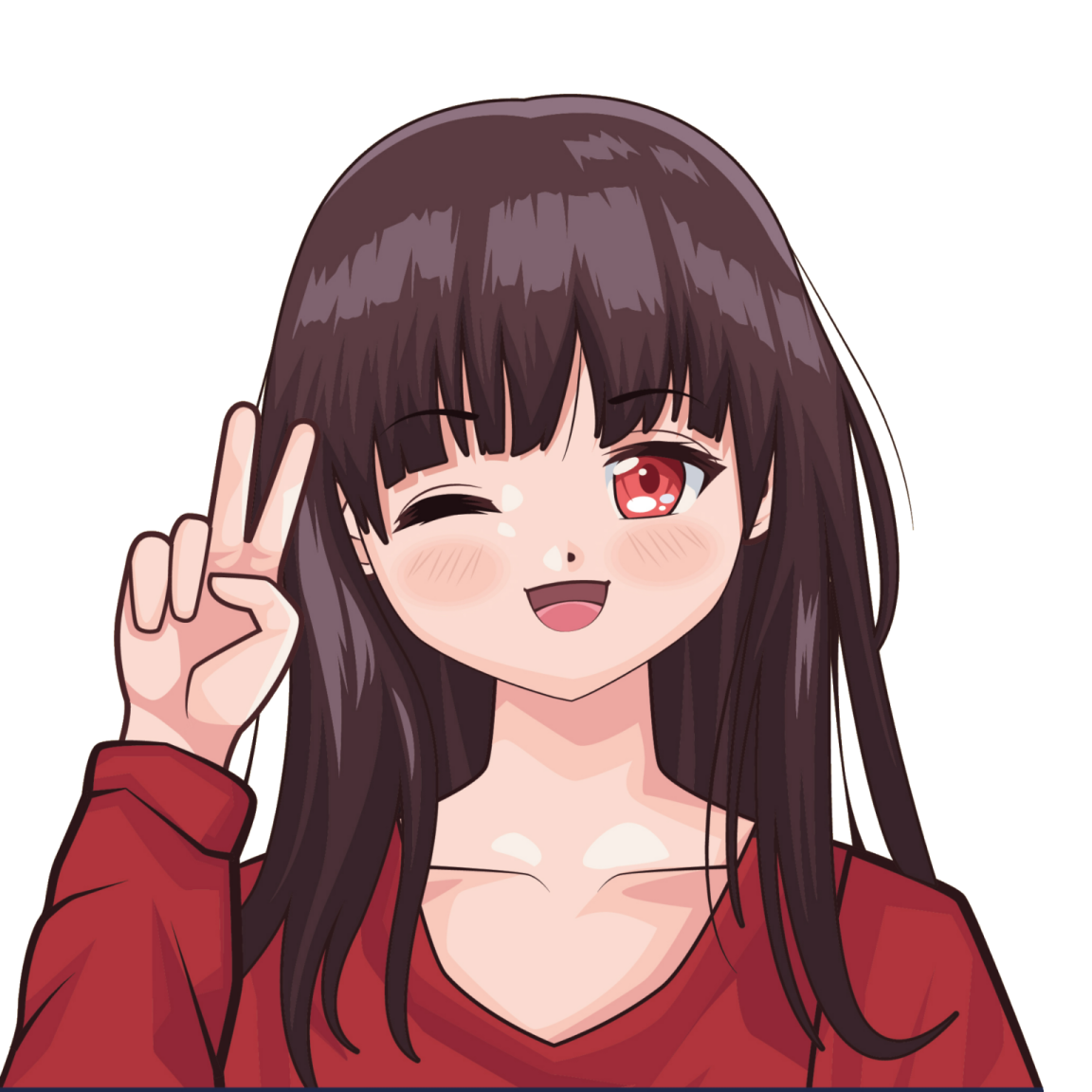 an anime girl with long black hair and red eyes