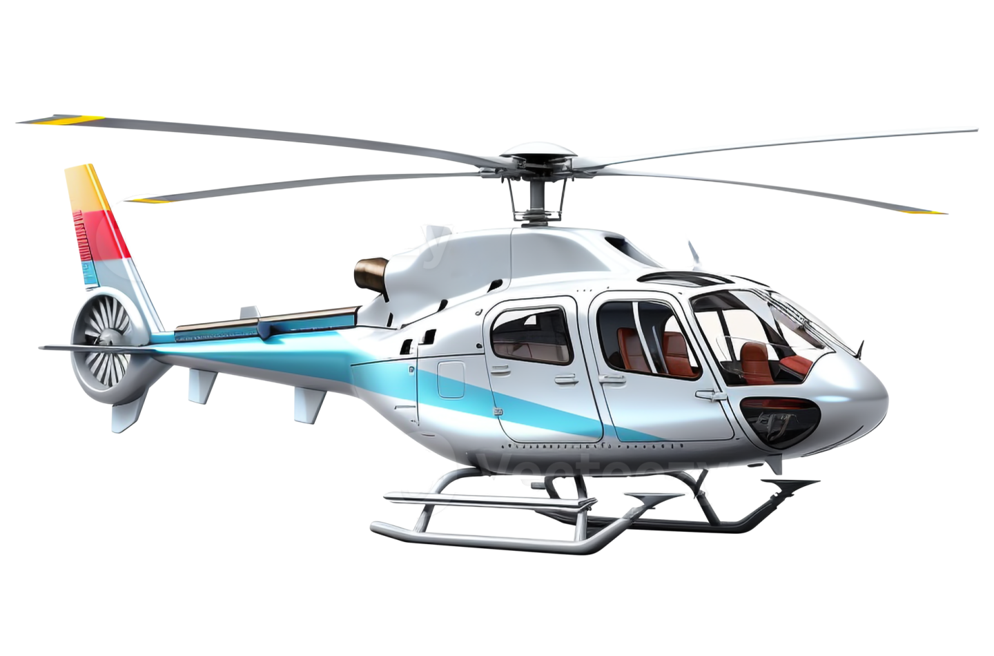 a white helicopter with blue and yellow trims