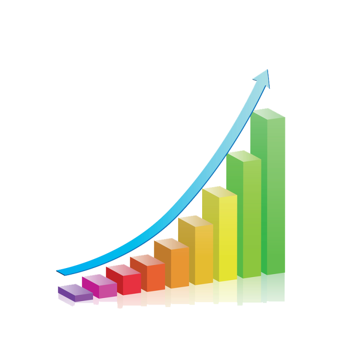 a bar chart with an arrow pointing upward