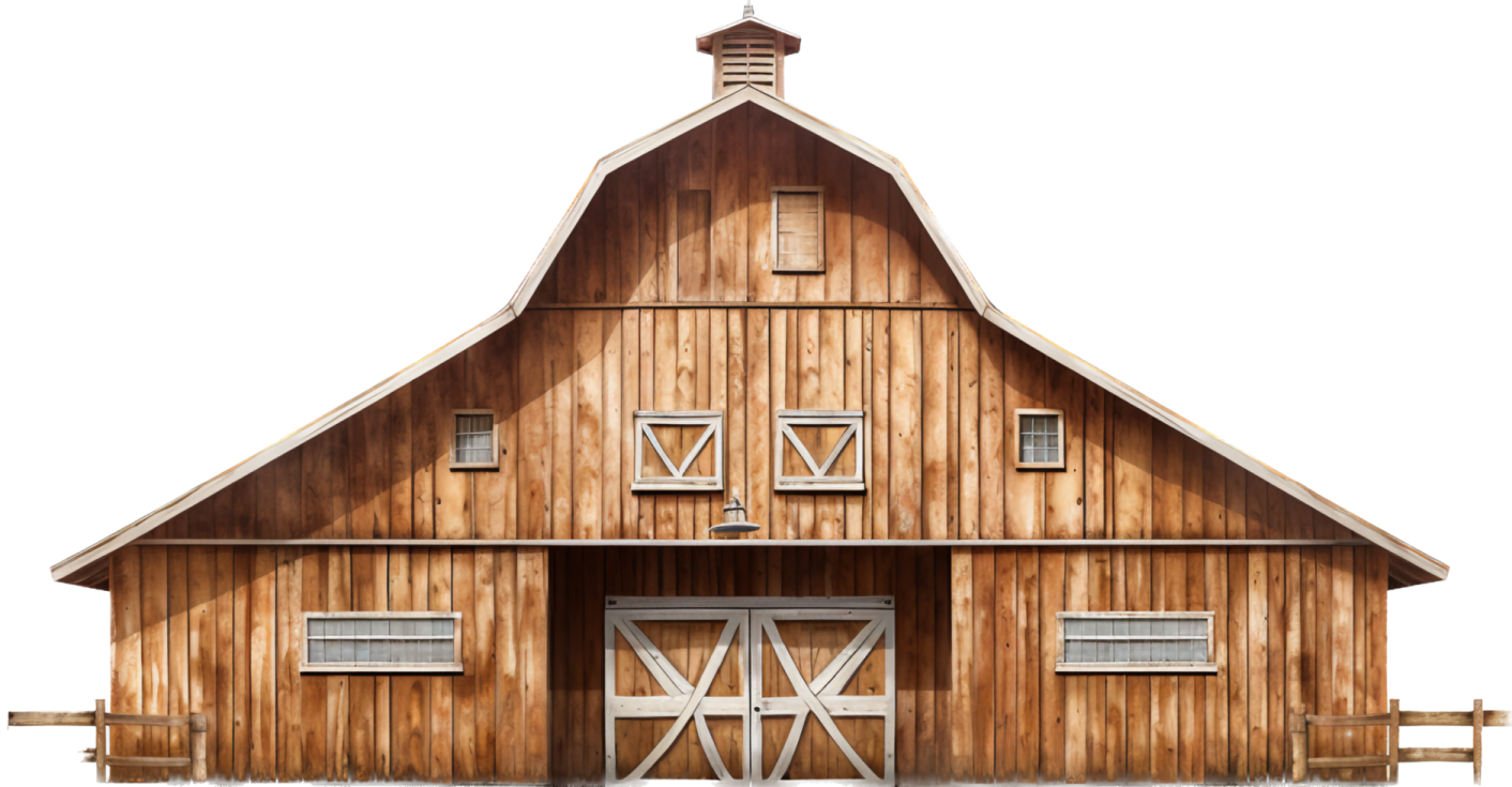 a wooden barn with two doors and windows