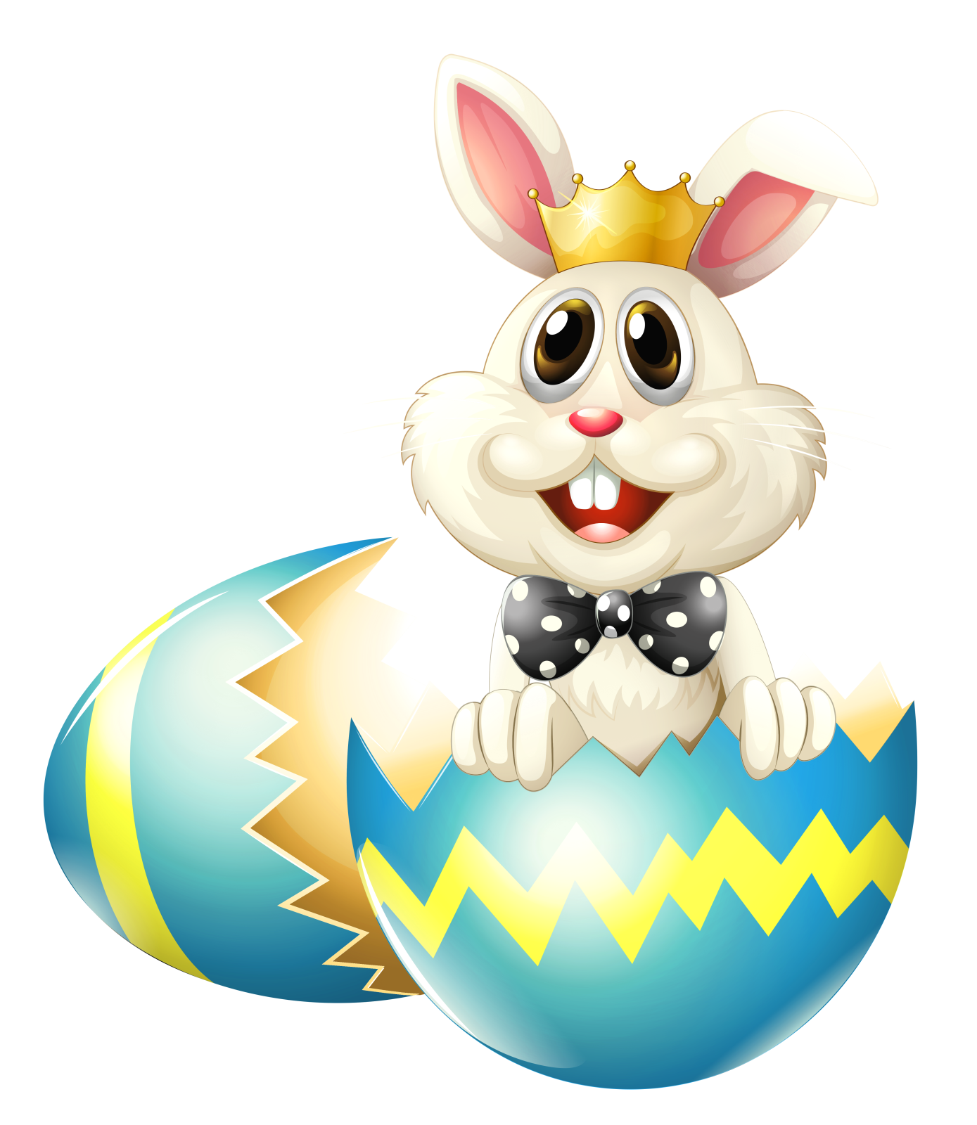 an easter bunny with a crown sitting inside of an egg