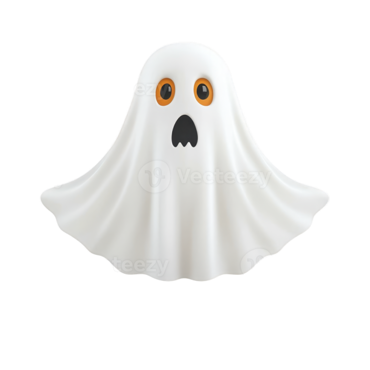 a white ghost with orange eyes and a black nose