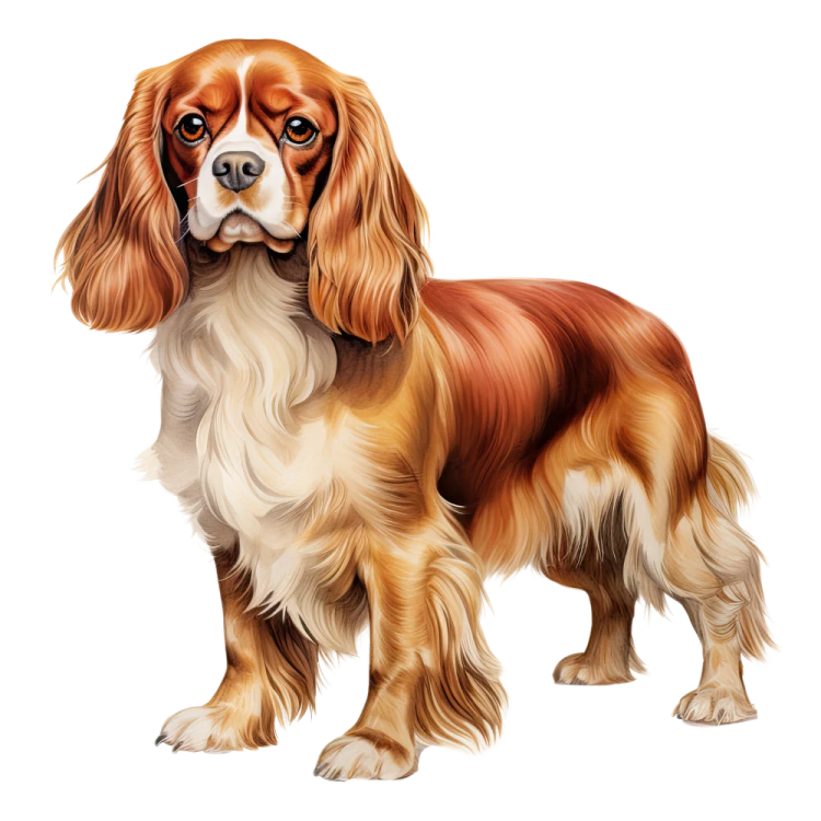 a brown and white dog standing on a white background