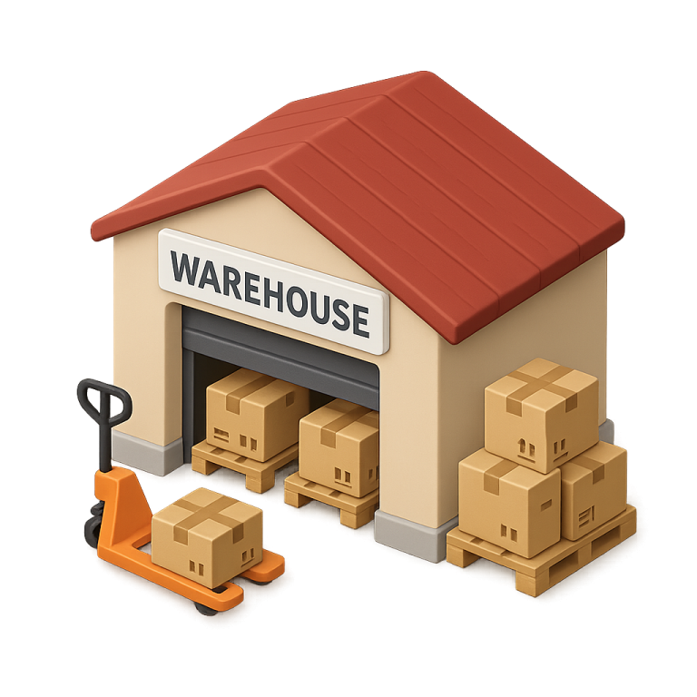 a warehouse with cardboard boxes and a fork
