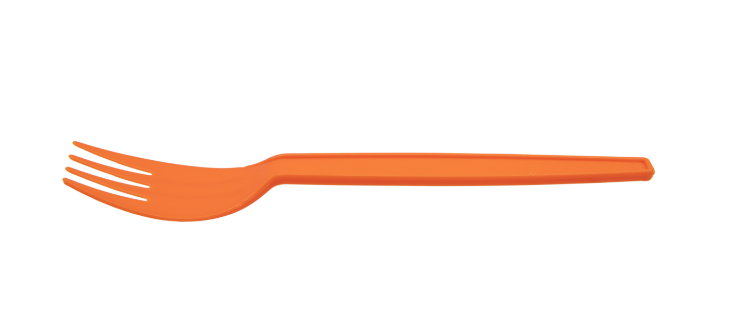 an orange plastic fork on a white background