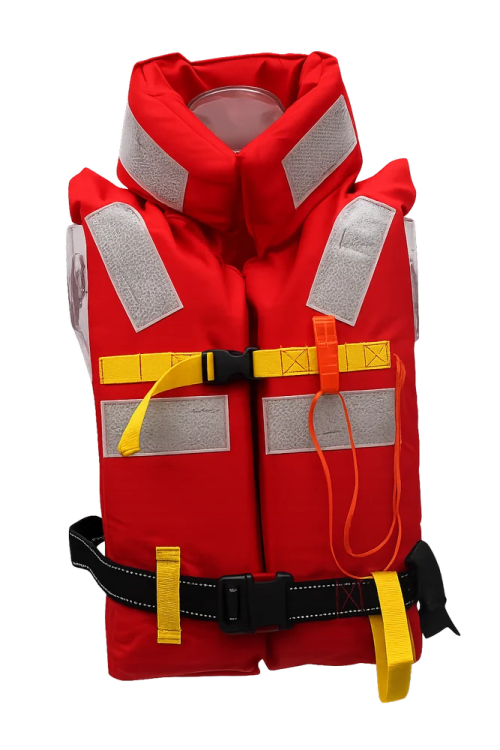 a red life jacket with yellow straps