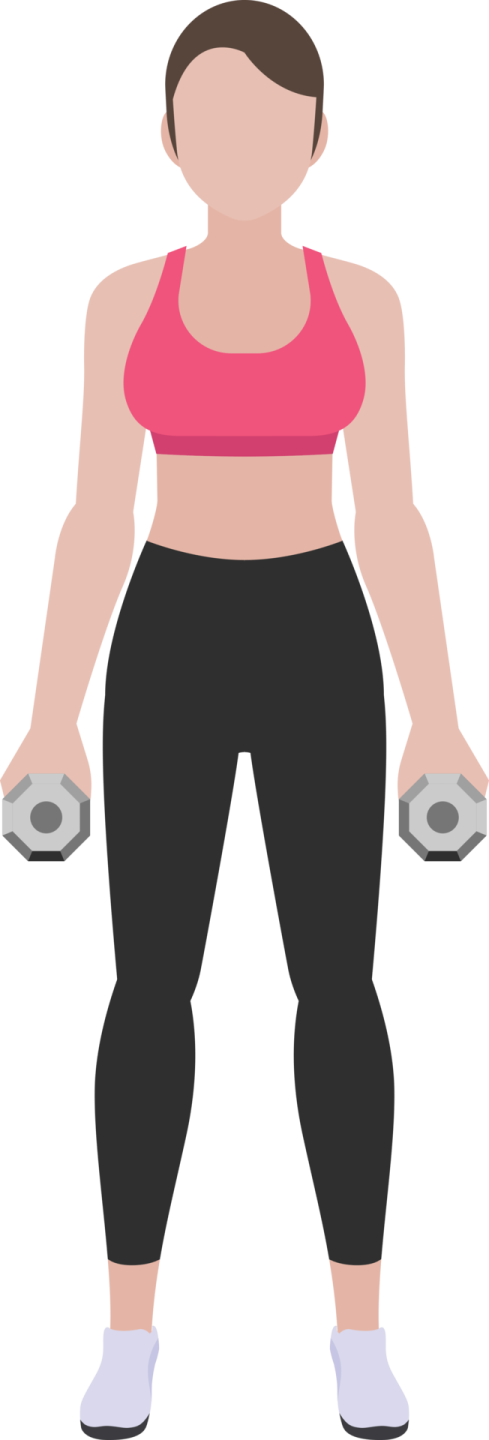 a woman in a pink top and black leggings, holding two dumb weights