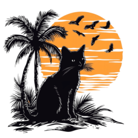 a black cat sitting on the beach next to a palm tree