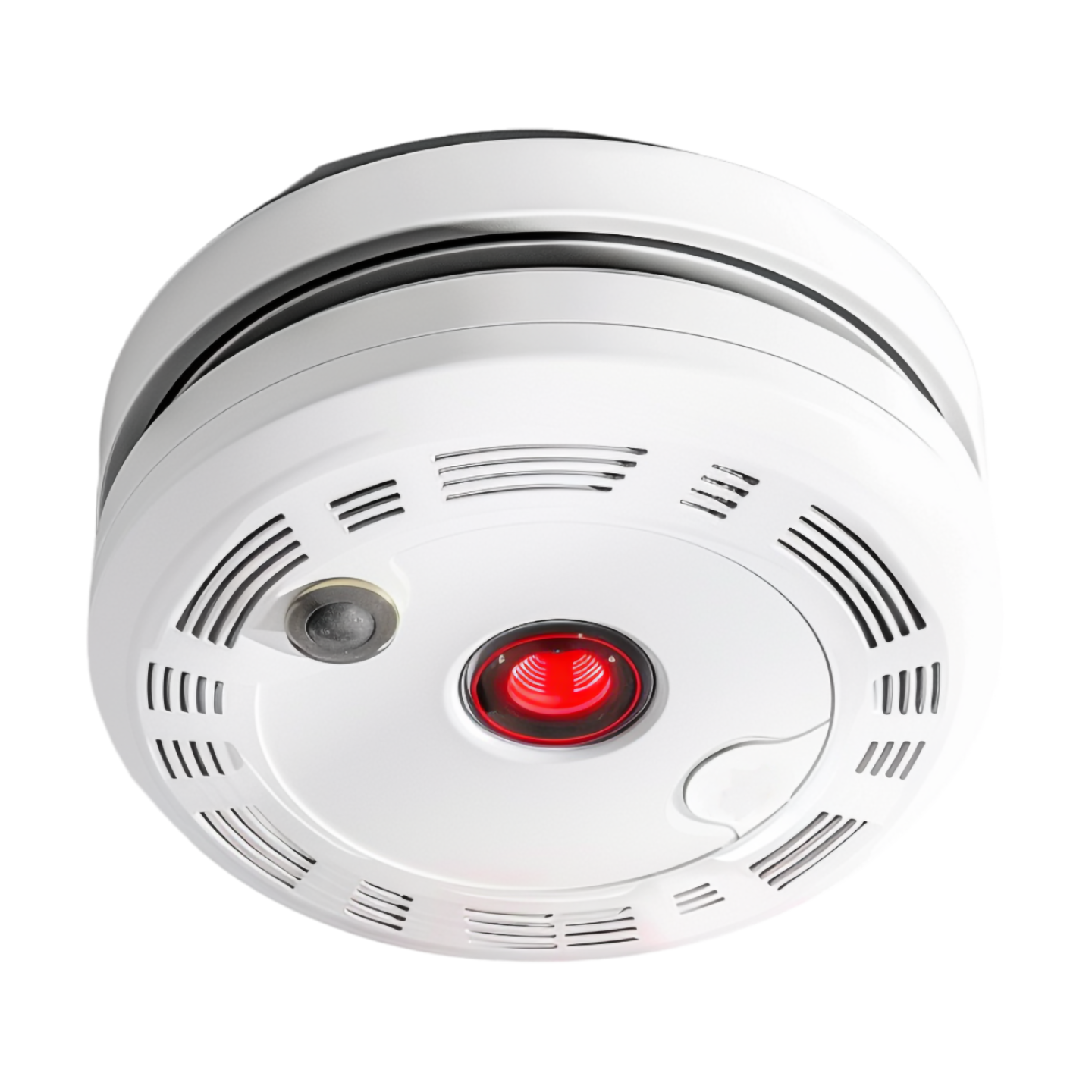 a white smoke detector with red light