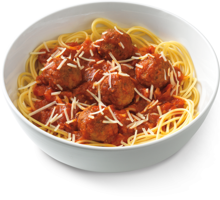 a white bowl filled with spaghetti and meatballs