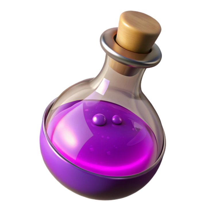a purple potion bottle with a wooden stopper