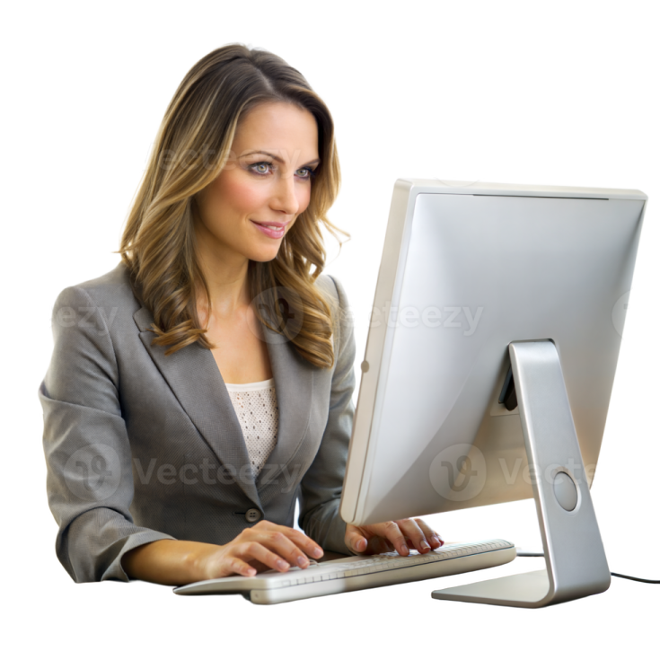 a woman sitting at her desk using a computer