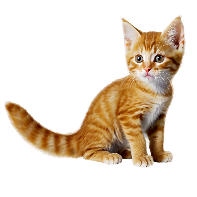 an orange and white kitten sitting on a white surface