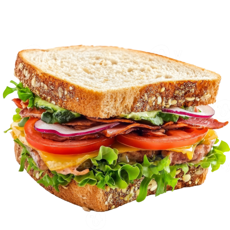 a sandwich with meat and vegetables on a white background