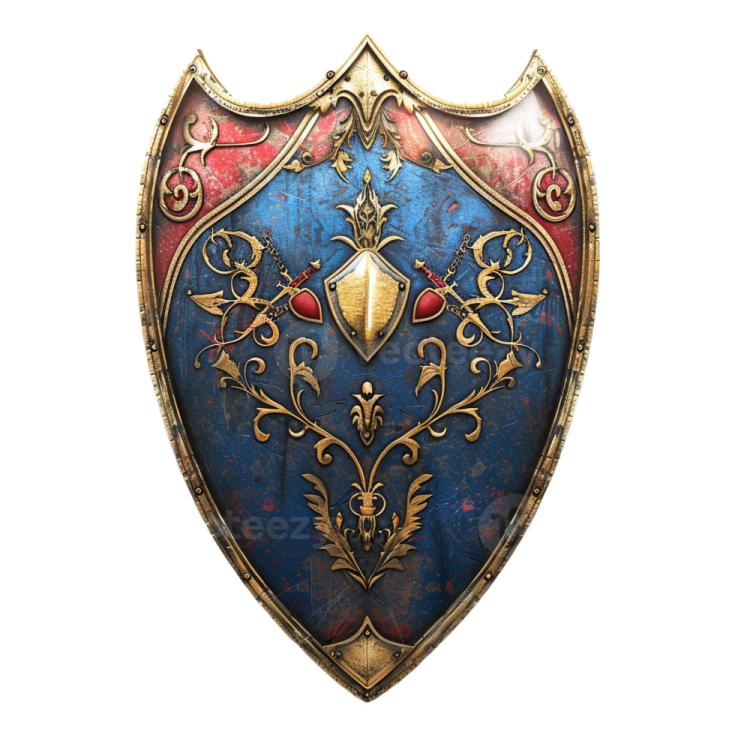 a blue and red shield on a white background