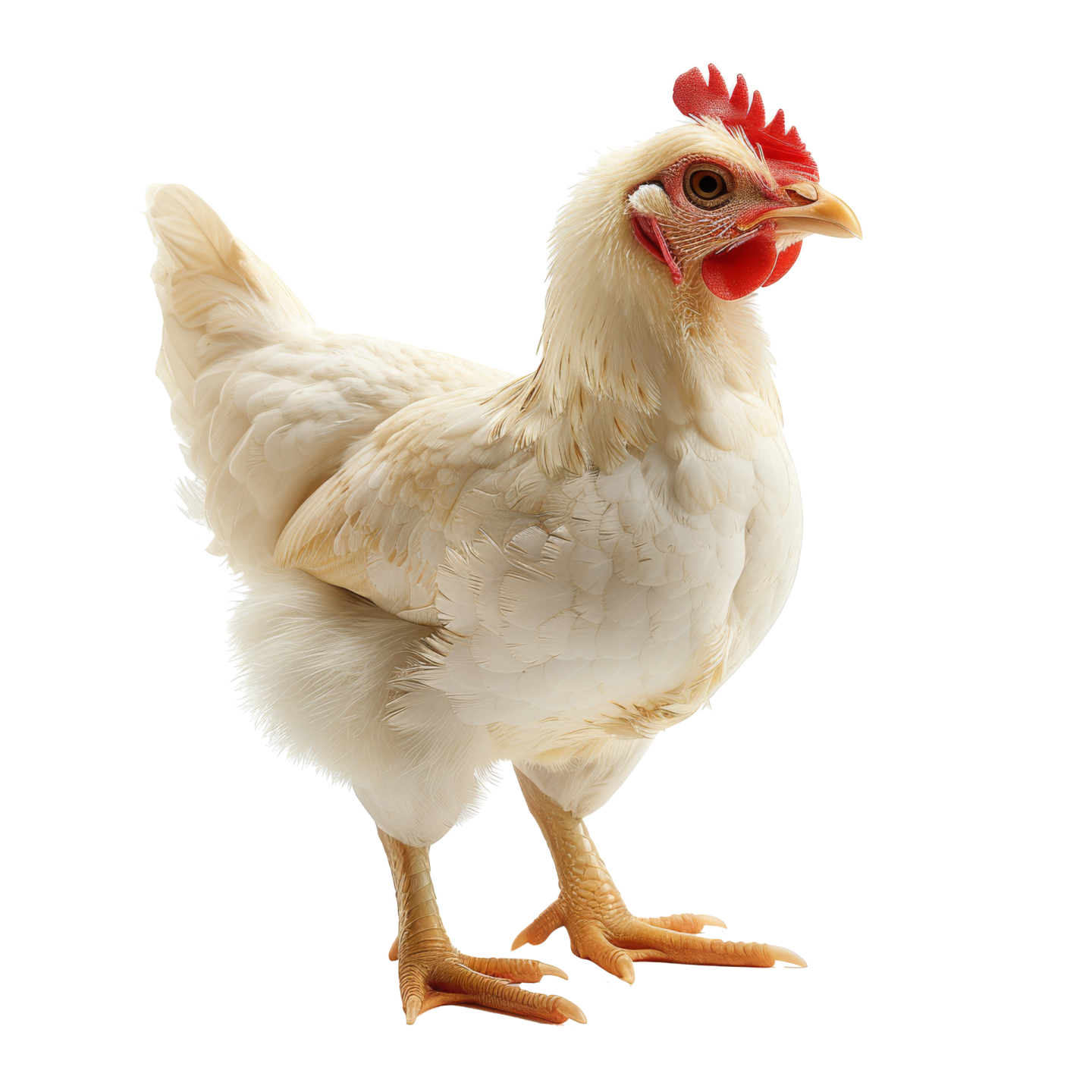 a white chicken with a red beak