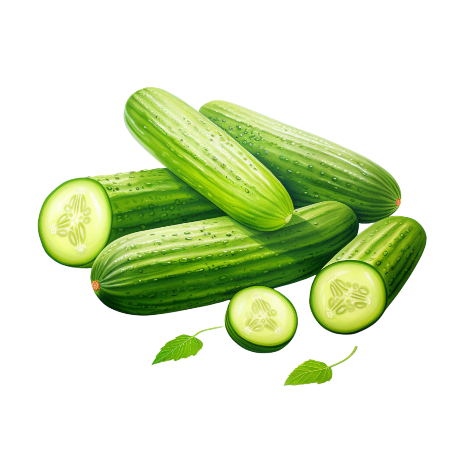 a pile of fresh cucums with leaves