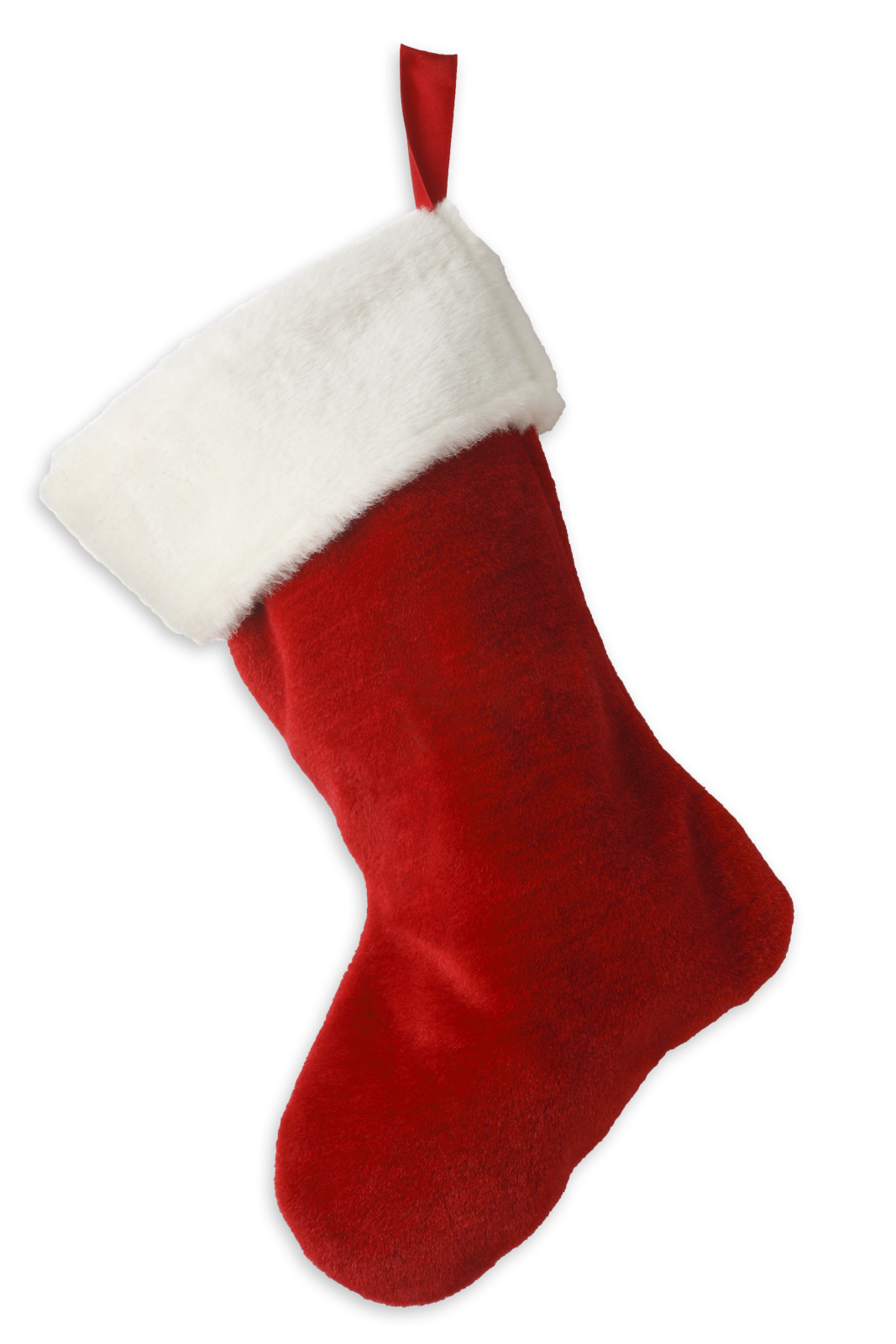a red and white christmas stocking on a white background