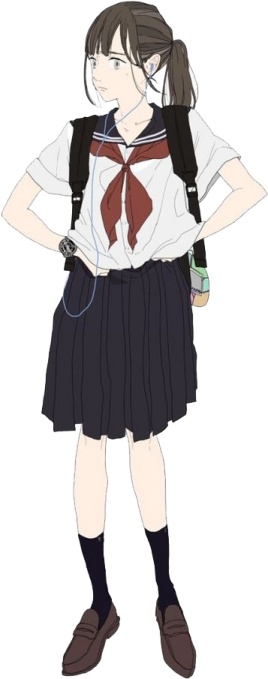a girl in a school uniform with headphones