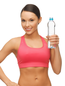 a woman holding a bottle of water