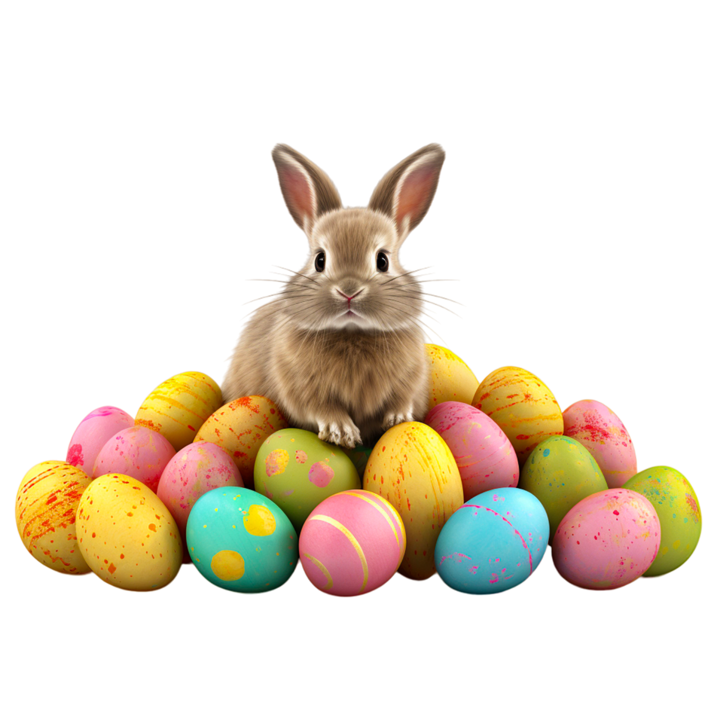 a rabbit sitting on top of a pile of painted eggs