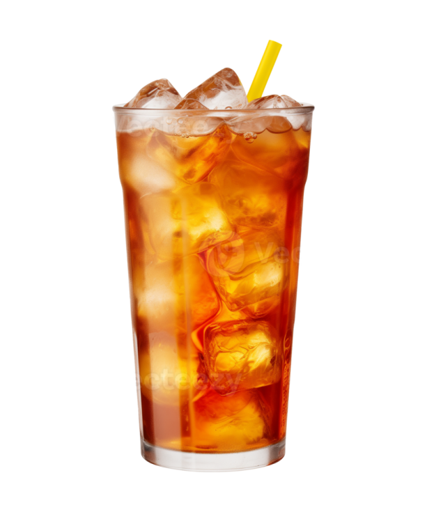 a tall glass filled with ice and a yellow straw