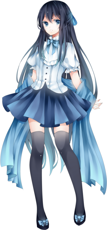 an anime girl with long black hair wearing a white shirt and blue skirt