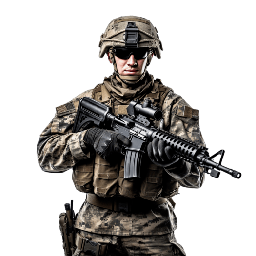 a soldier in camouflage clothing holding a rifle