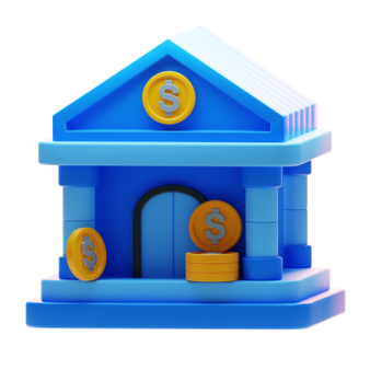 a blue house with coins on the roof