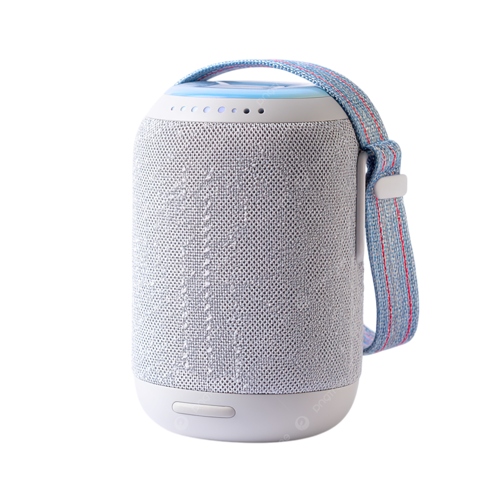 a white and blue portable speaker with a strap around it