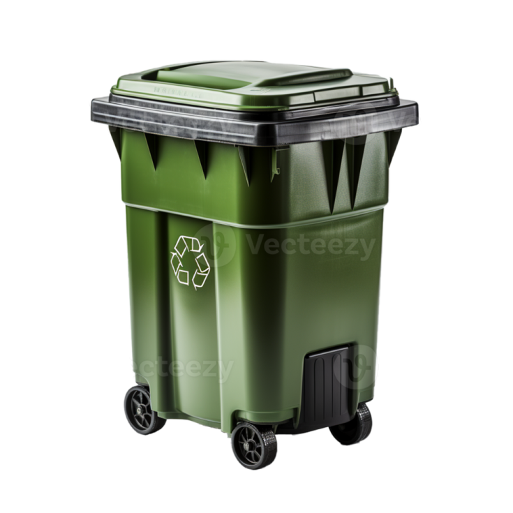 a green recycling bin with wheels