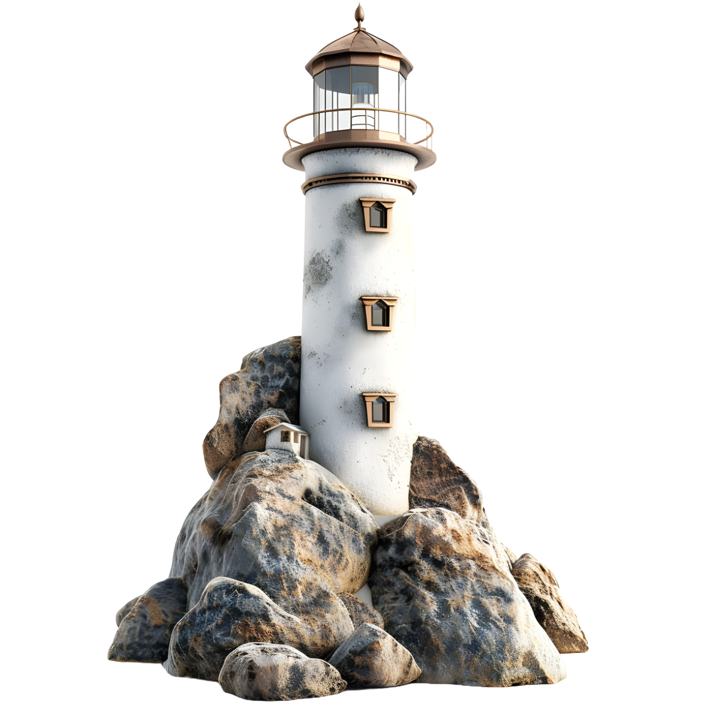 a white and brown lighthouse on top of some rocks
