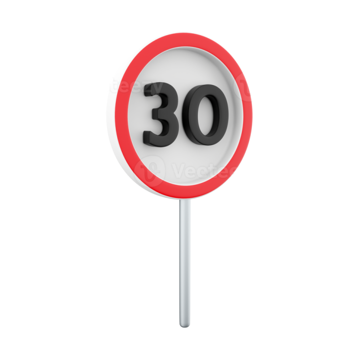 a red and white road sign with the number 30