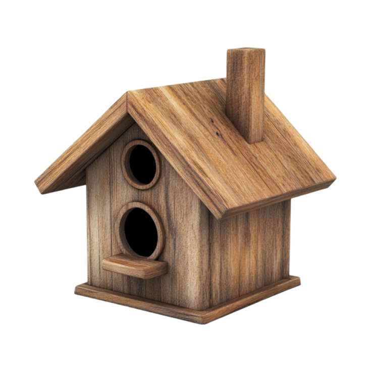 a wooden bird house on a white background