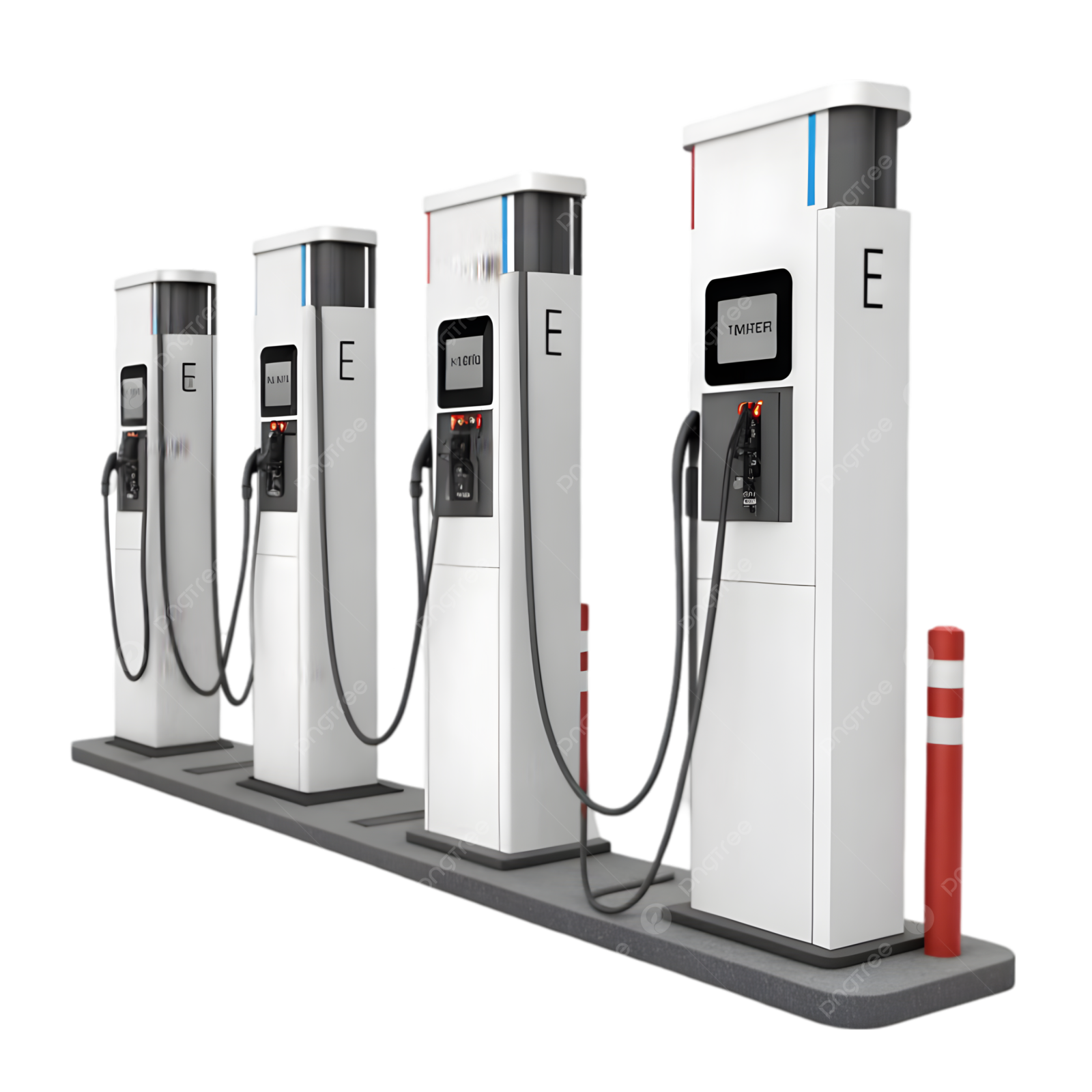 a row of gas pumps on a white background
