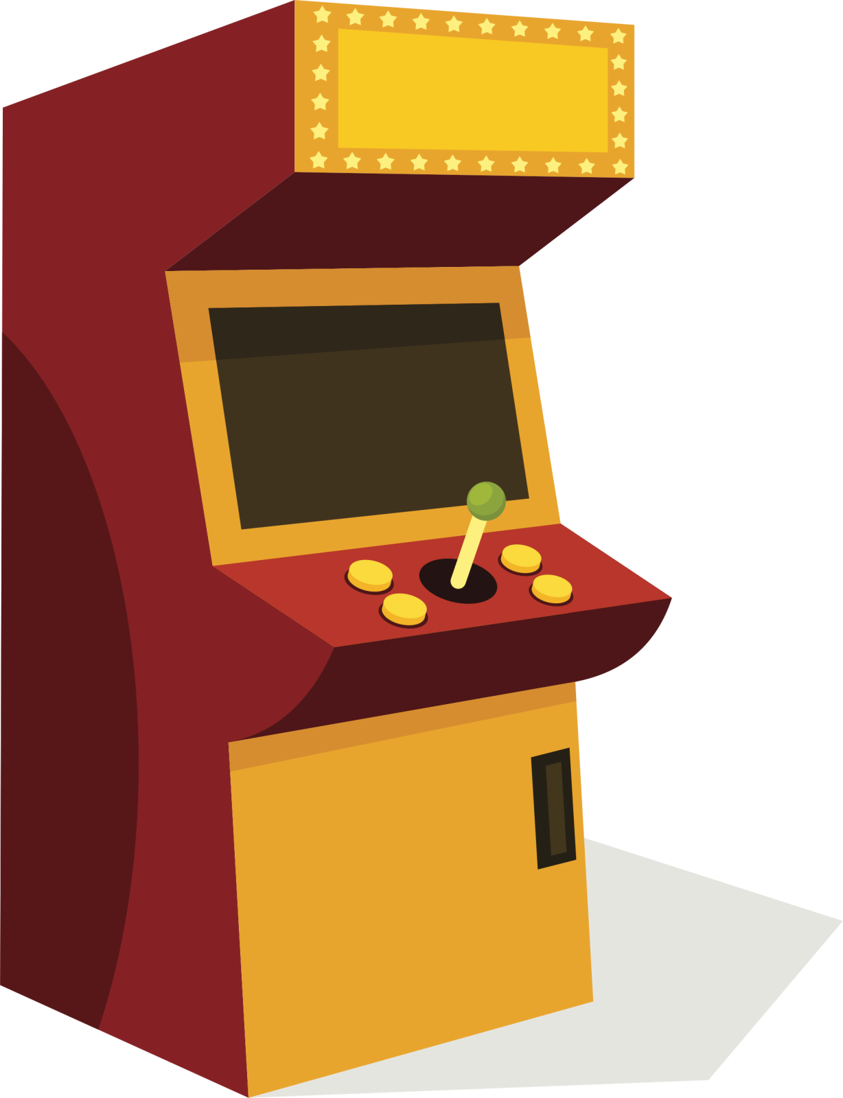 a red arcade machine with gold coins