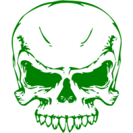 a green skull with teeth and fangs