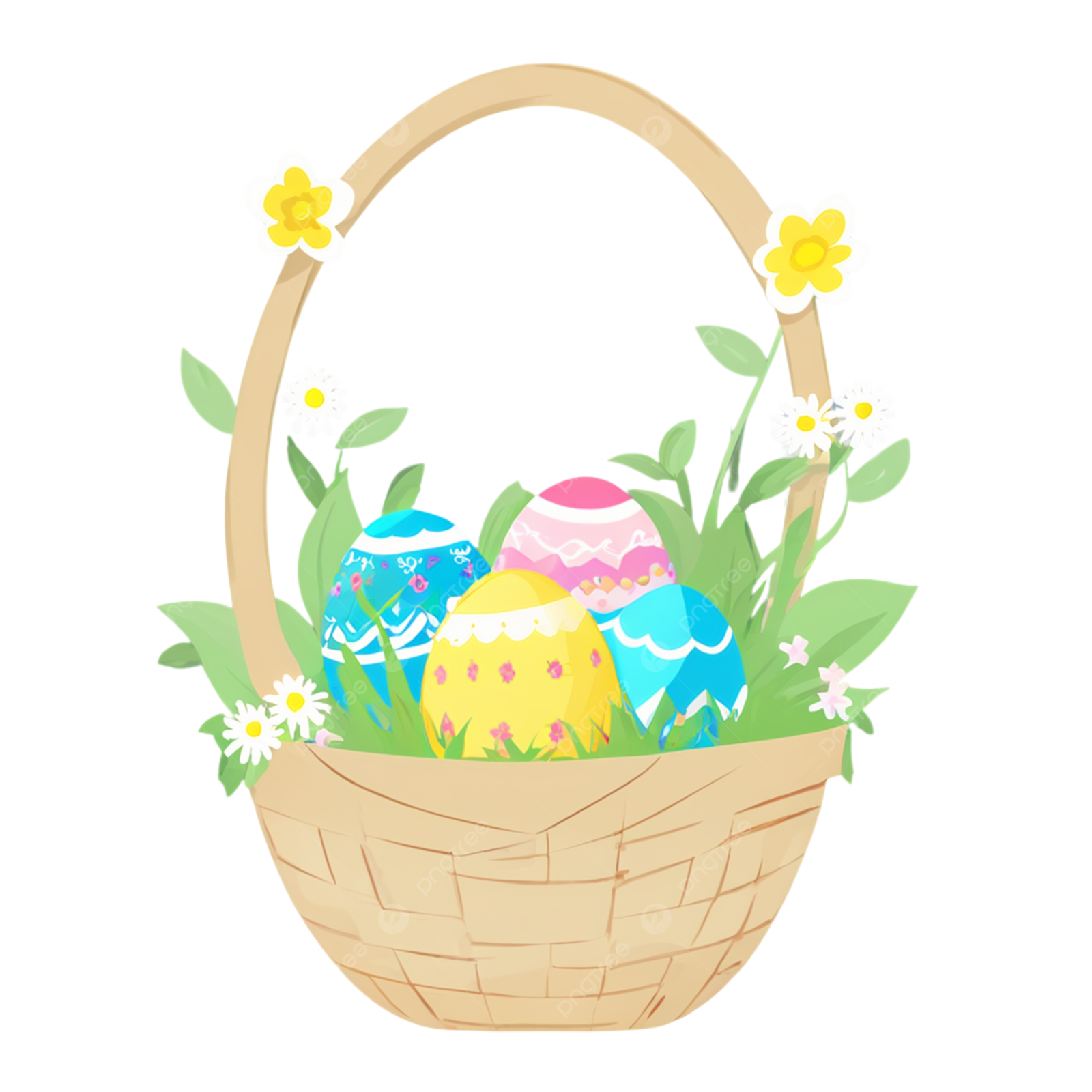 a basket filled with easter eggs and flowers