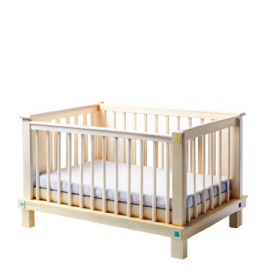 a wooden cribt with white sheets on it