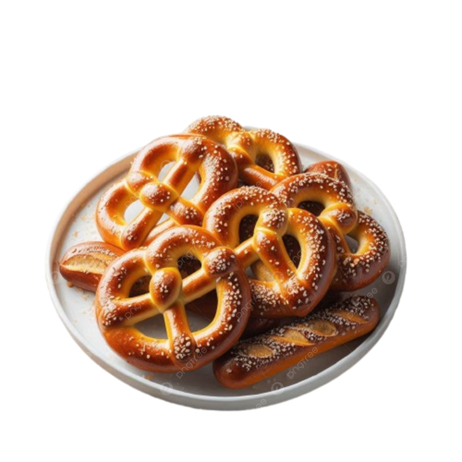 a plate filled with pretzes on a white background