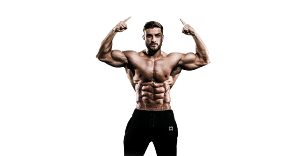 a man in black shorts and no shirt flexing his muscles