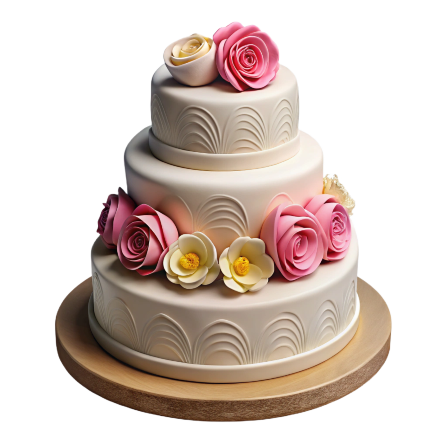 a white cake with pink and yellow flowers
