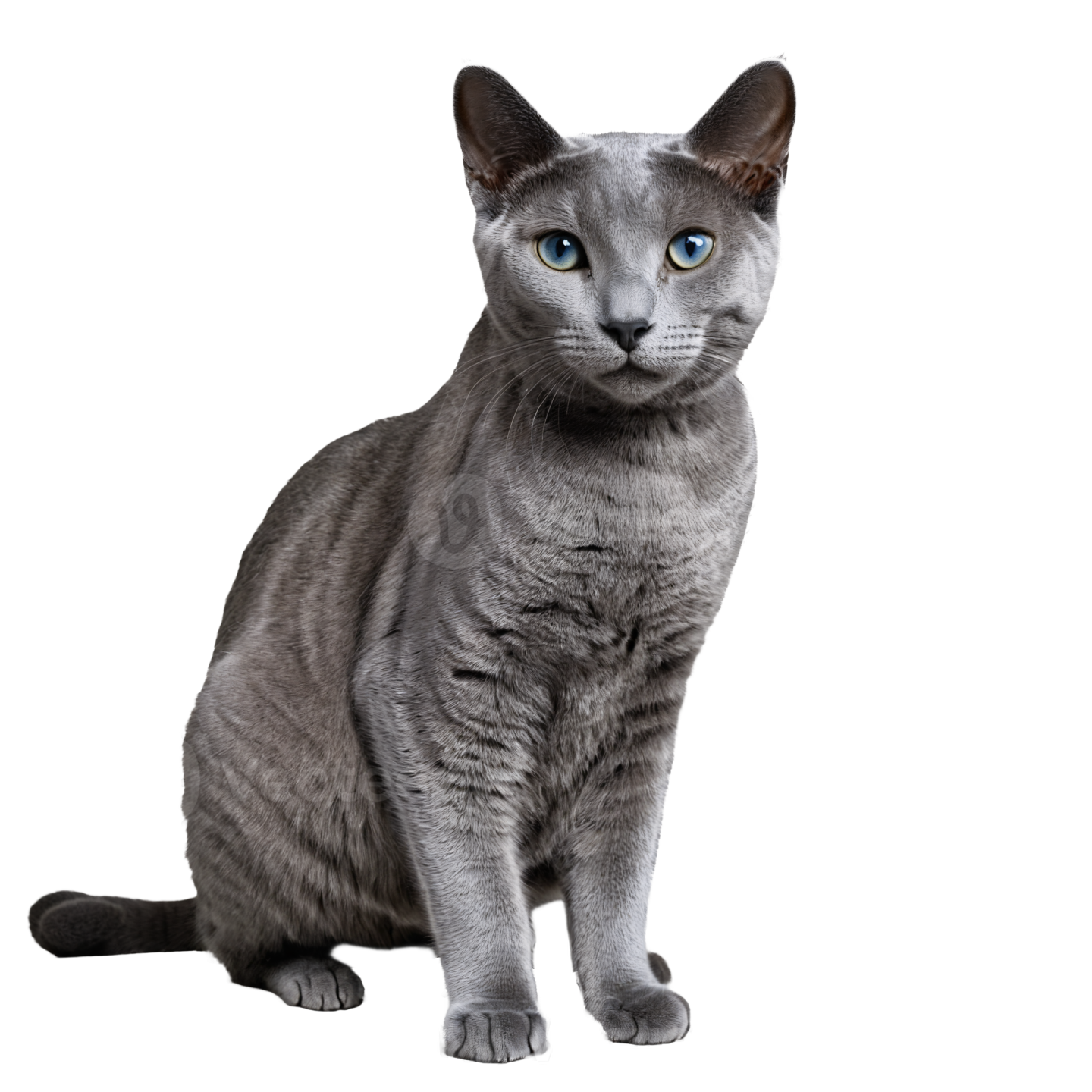 a gray cat with blue eyes sitting on a white background