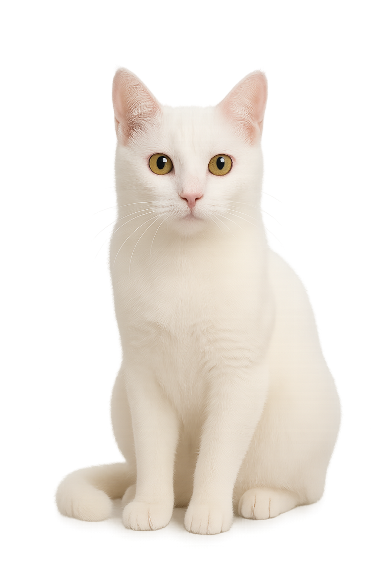 a white cat with yellow eyes sitting down
