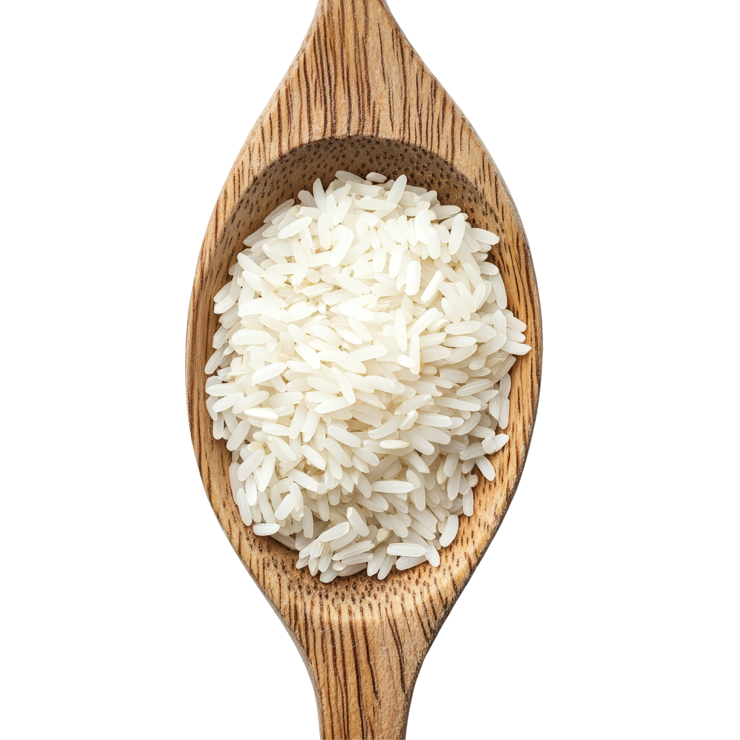 white rice in a wooden spoon on a white background