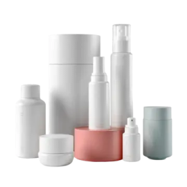 a group of white and pink plastic bottles