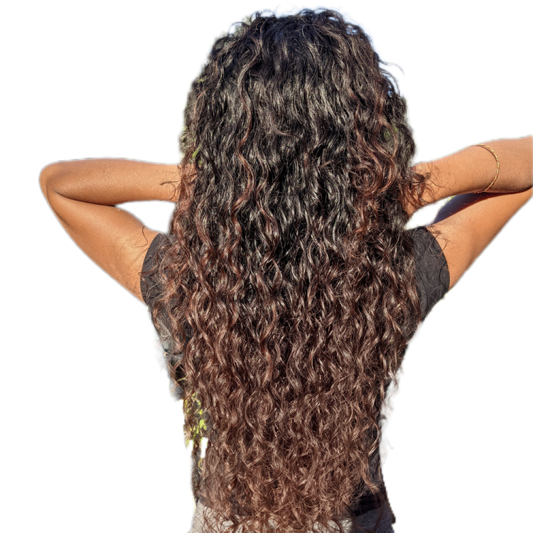 the back of a woman with long curly hair