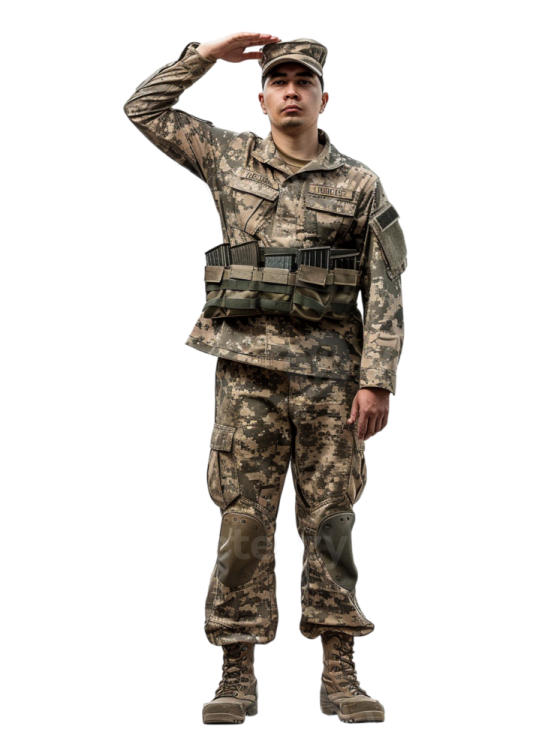 a soldier salutes with his hand on his head
