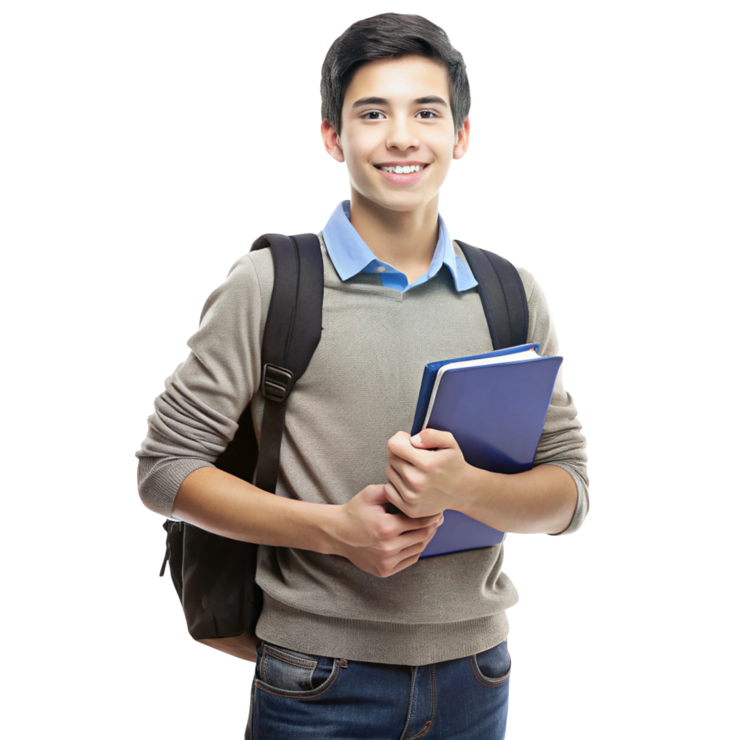 a young man holding a book and smiling at the camera